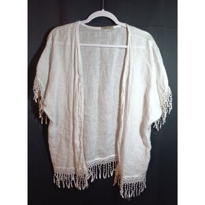 Valentina Naldi Italy OS 100% Linen Fringe Open Short Sleeve Cardigan Cover Up